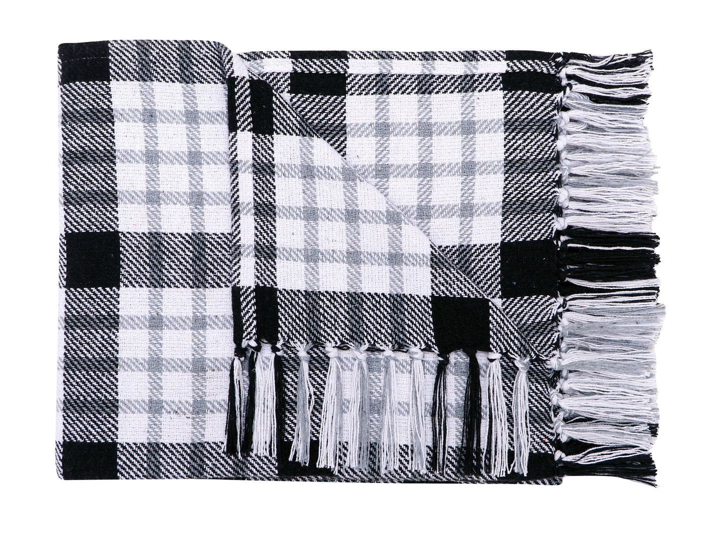 Farmhouse Hand Woven Plaid Collection Cotton Fringe Throw Blanket for Couch | Sofa | Bed | 50x60, White/Black