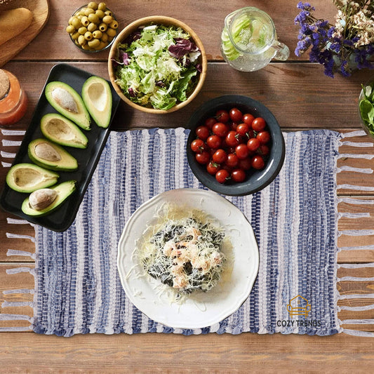 100% Cotton Placemats Farmhouse Woven Fabric for Dining Room Rectangle Set of 6 | 14''x20''| Heat Resistant | Washable | Durable with Tassel