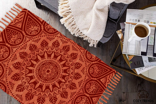 Cotton Printed Mandala Rag Rug 24''x36''- 2x3'- Multicolor Chindi Rug - Hand Woven Washable & Reversible for Living Room Kitchen Entryway Bedroom Rug Rag with Tassel