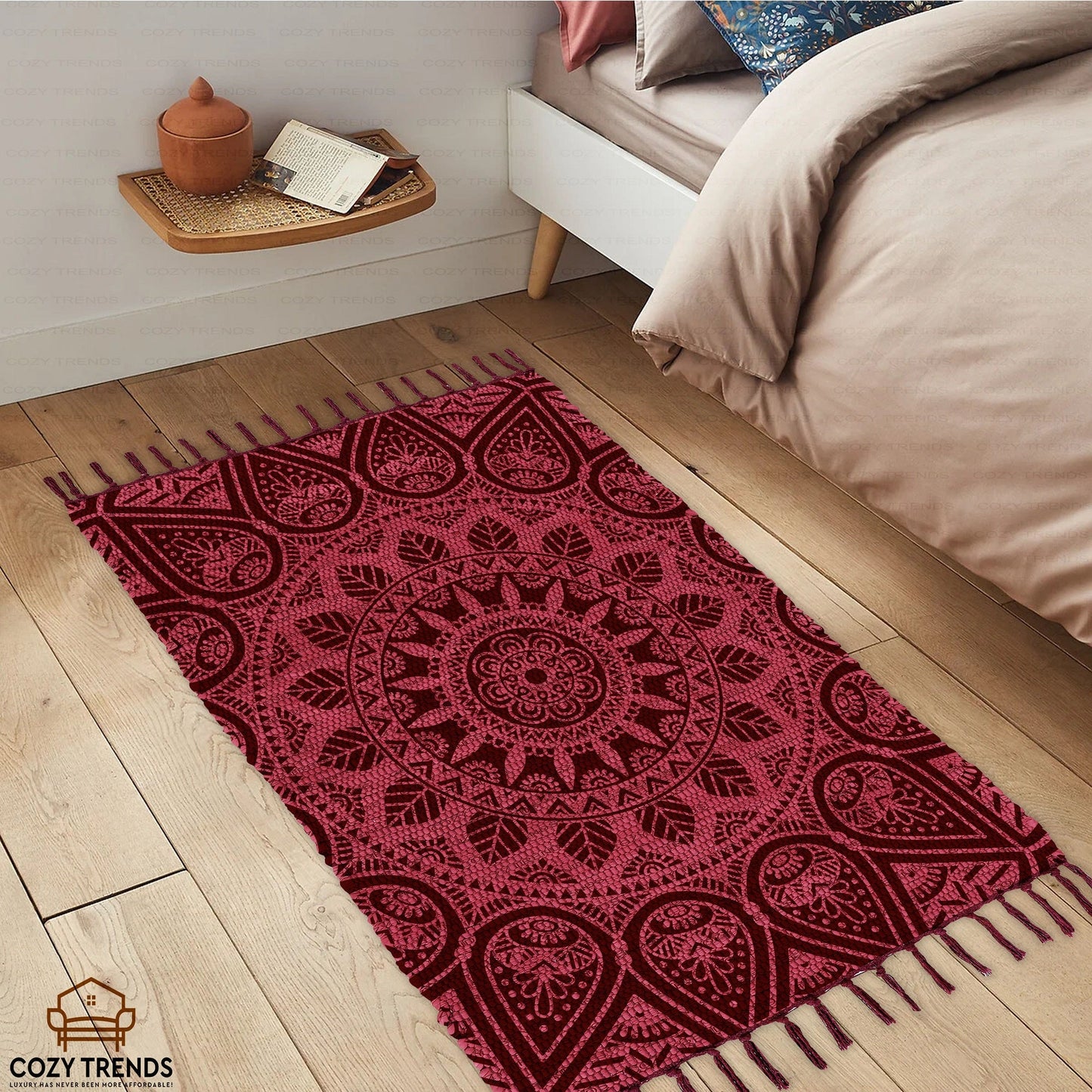 Cotton Printed Mandala Rag Rug 24''x36''- 2x3'- Multicolor Chindi Rug - Hand Woven Washable & Reversible for Living Room Kitchen Entryway Bedroom Rug Rag with Tassel
