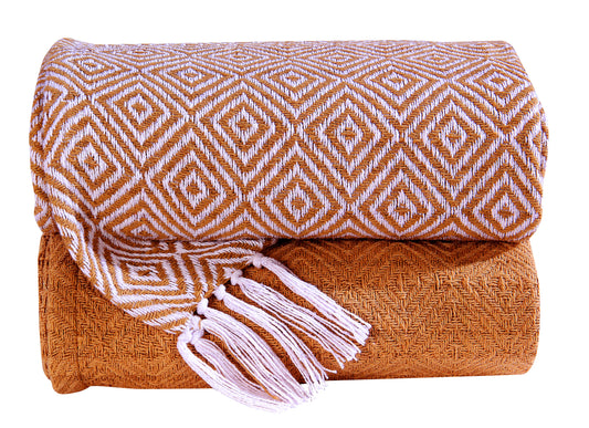 Hand Woven 100% Cotton All Season Couch Chair Bed Decorative Diamond Throw Blankets Set of 2