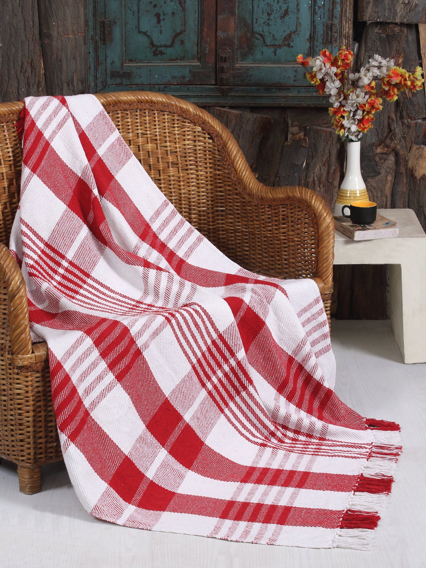 Farmhouse Hand Woven Plaid Collection Cotton Fringe Throw Blanket for Couch | Sofa | Bed |  50x60, White/Black