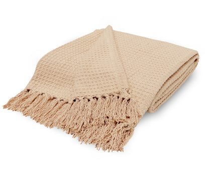 Luxurious Cozy Soft All-Season Cotton Waffle Weave Throw Blanket with Fringes – Lightweight – Decorative Blanket for Couch, Bed & Sofa