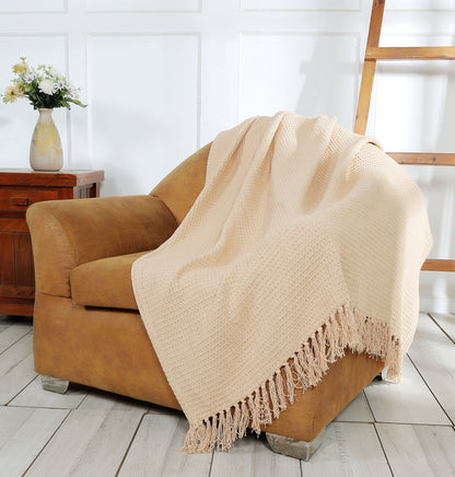 Luxurious Cozy Soft All-Season Cotton Waffle Weave Throw Blanket with Fringes – Lightweight – Decorative Blanket for Couch, Bed & Sofa