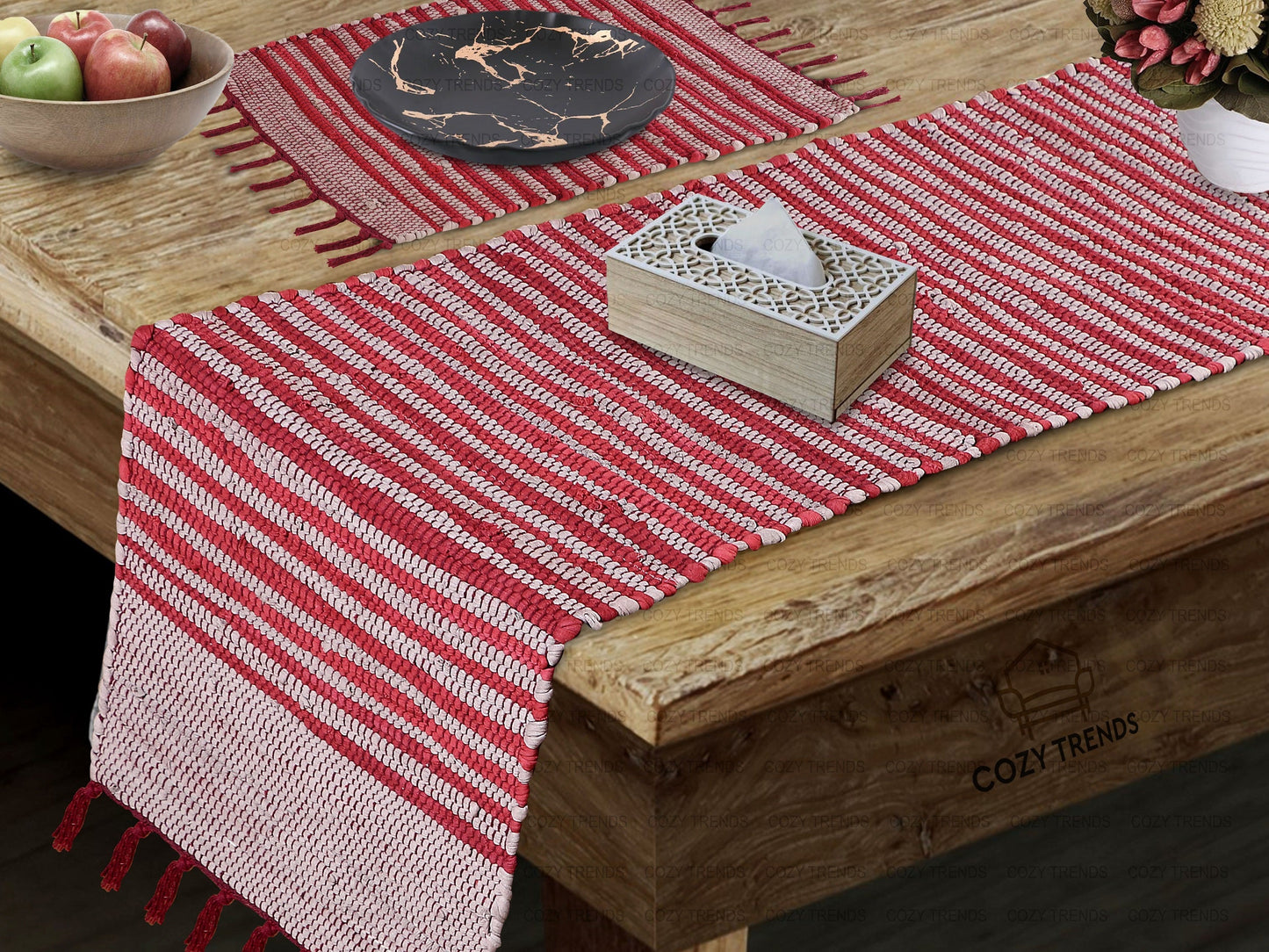 Table Runner |Handmade Natural Cotton Chindi Tabletop Reversible & Machine Washable |  15"x72" | 15''x108"