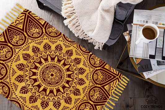 Cotton Printed Mandala Rag Rug 24''x36''- 2x3'- Multicolor Chindi Rug - Hand Woven Washable & Reversible for Living Room Kitchen Entryway Bedroom Rug Rag with Tassel