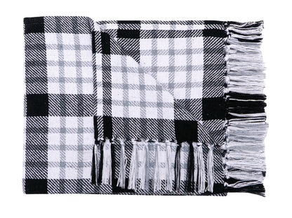 Farmhouse Hand Woven Plaid Collection Cotton Fringe Throw Blanket for Couch | Sofa | Bed |  50x60, White/Black