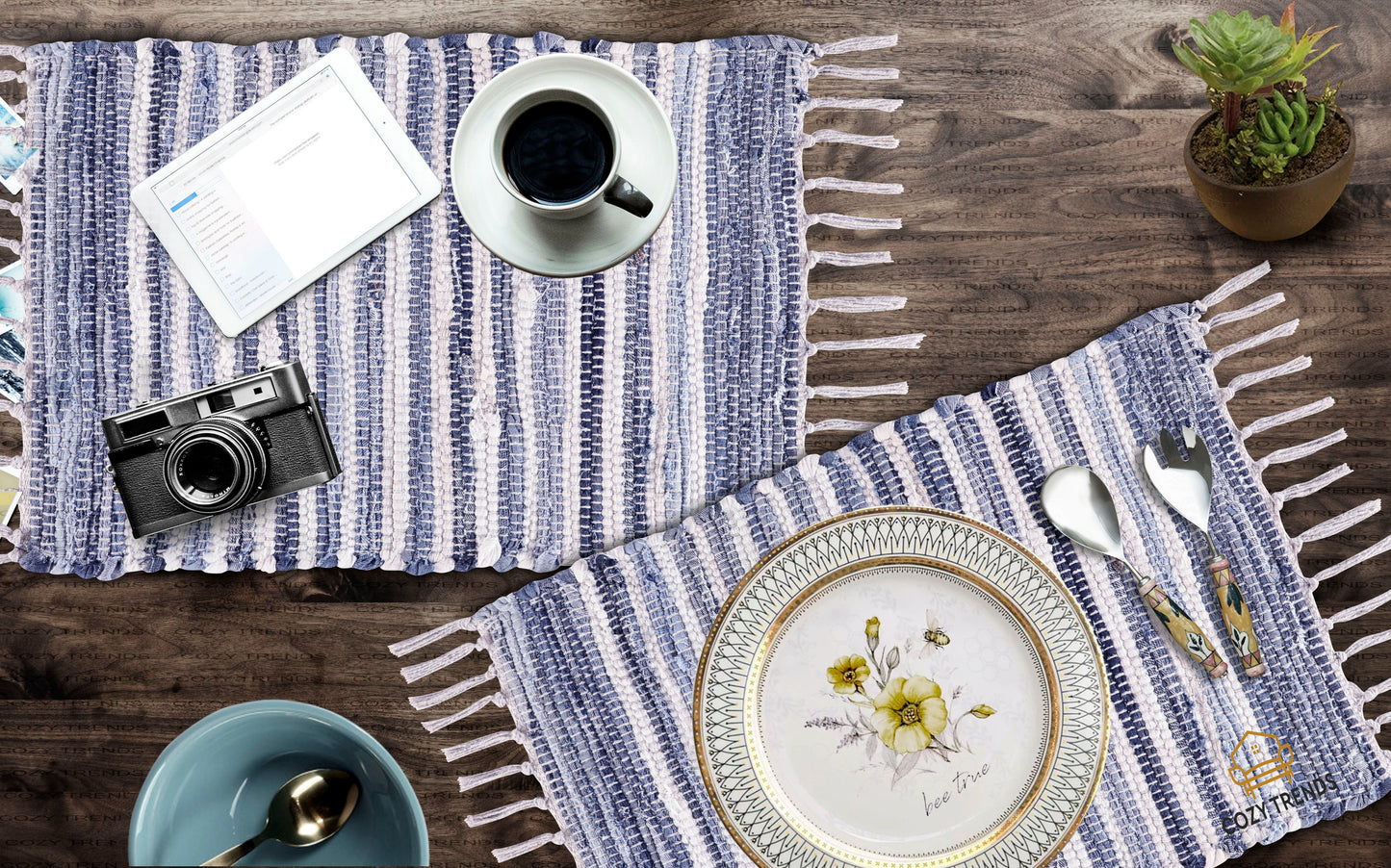 100% Cotton Placemats Farmhouse Woven Fabric for Dining Room Rectangle Set of 6 | 14''x20''| Heat Resistant | Washable | Durable with Tassel