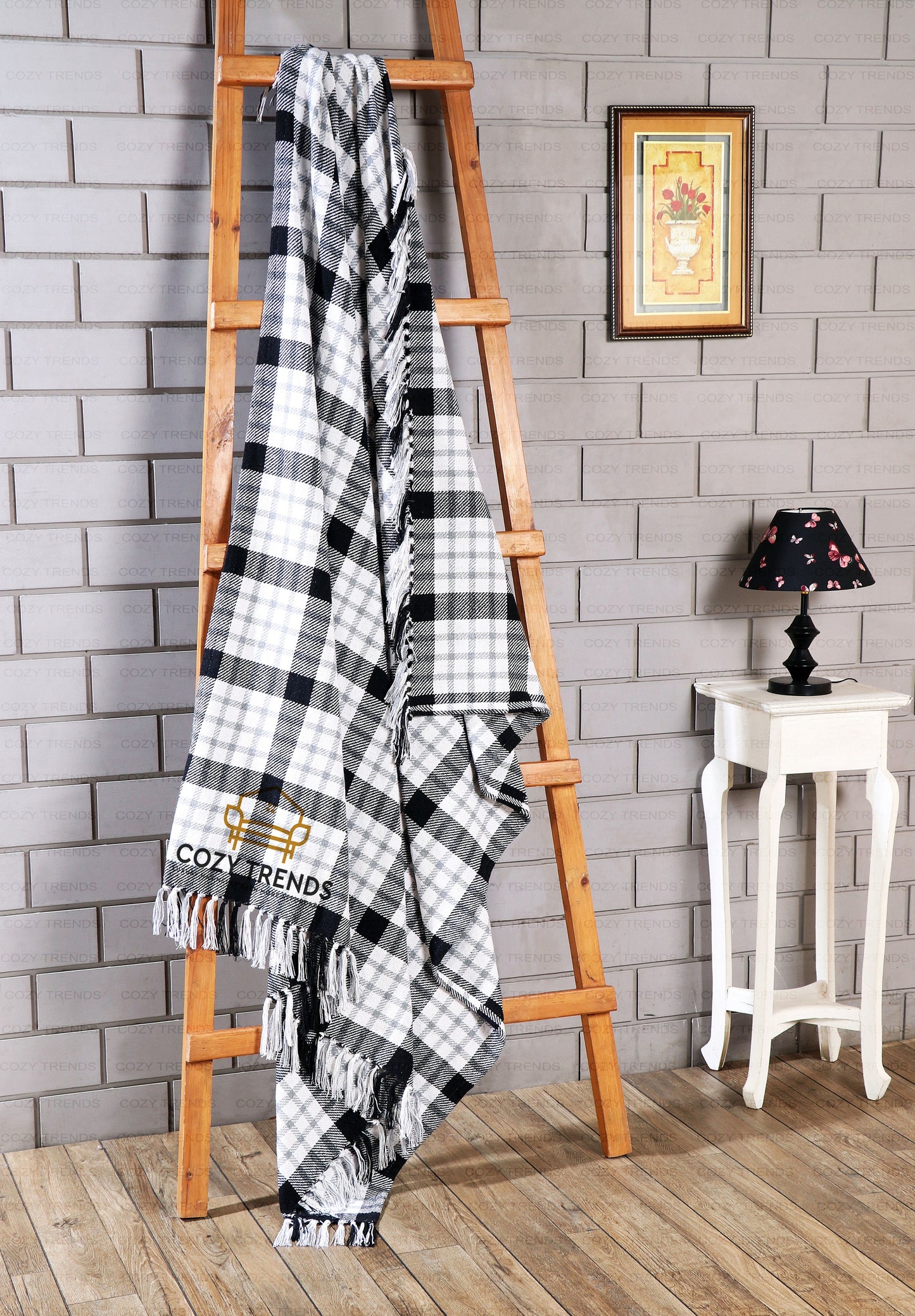 Farmhouse Hand Woven Plaid Collection Cotton Fringe Throw Blanket for Couch | Sofa | Bed |  50x60, White/Black