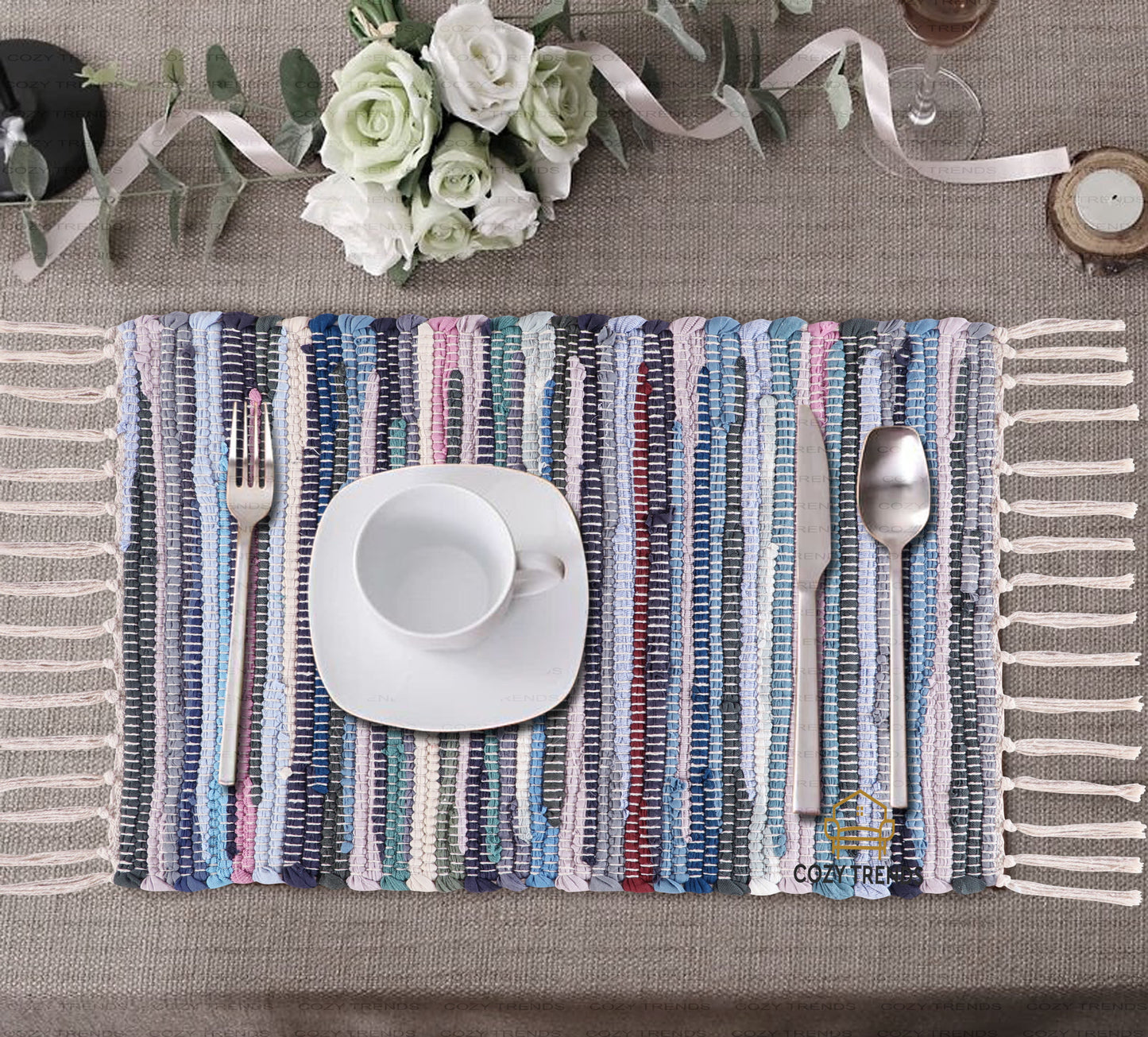 100% Cotton Placemats Farmhouse Woven Fabric for Dining Room Rectangle Set of 6 | 14''x20''| Heat Resistant | Washable | Durable with Tassel