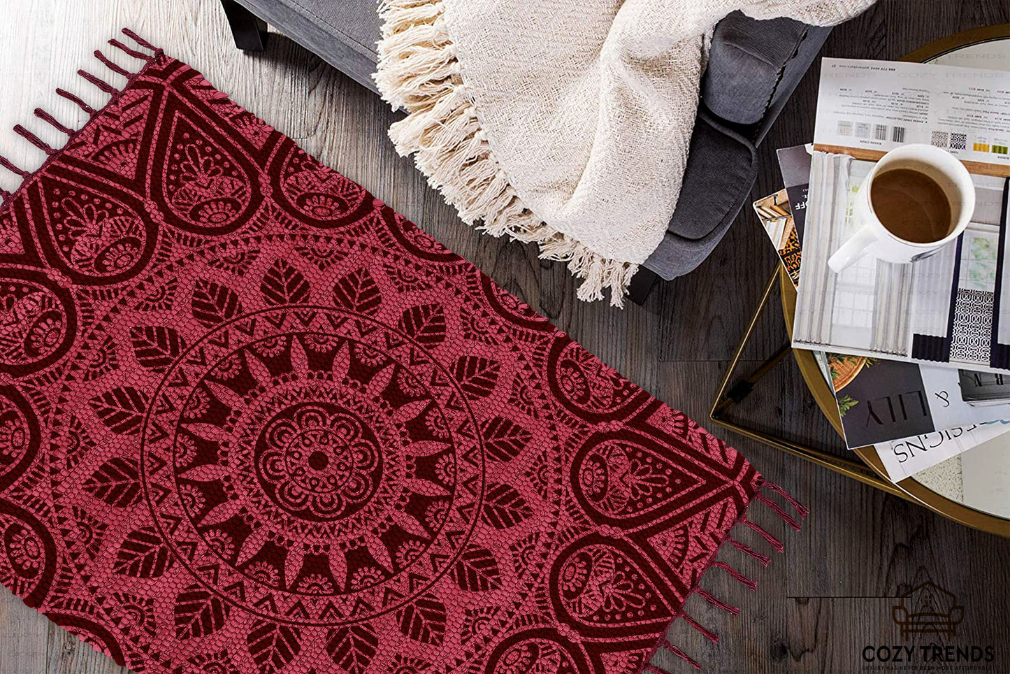 Cotton Printed Mandala Rag Rug 24''x36''- 2x3'- Multicolor Chindi Rug - Hand Woven Washable & Reversible for Living Room Kitchen Entryway Bedroom Rug Rag with Tassel