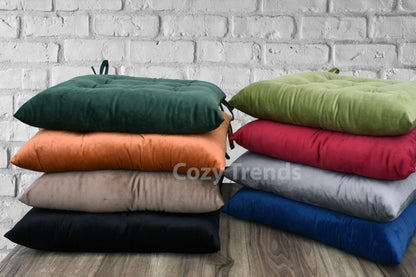 Handmade Velvet Chair Seat Pads Cushions Tufted with Ties - 16''x16'' | 3'' Thick (