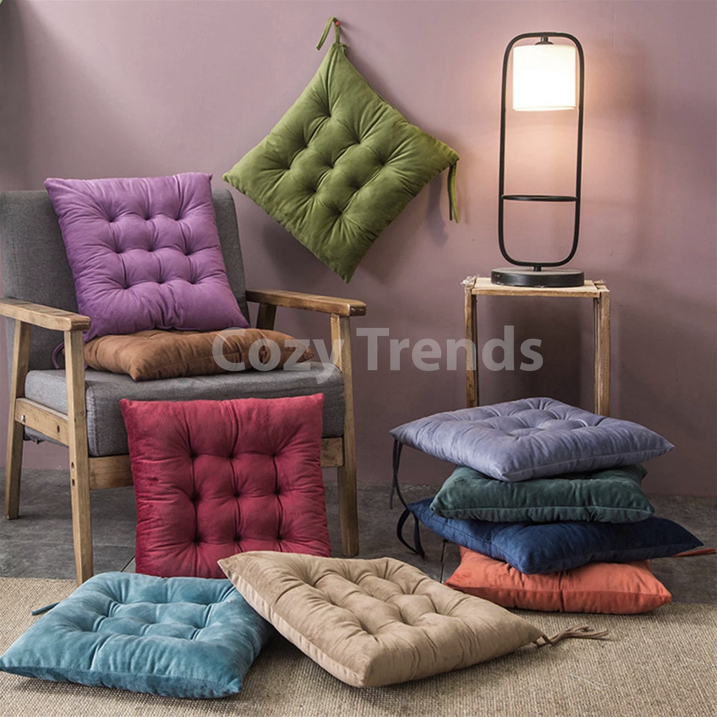 Handmade Velvet Chair Seat Pads Cushions Tufted with Ties - 16''x16'' | 3'' Thick (