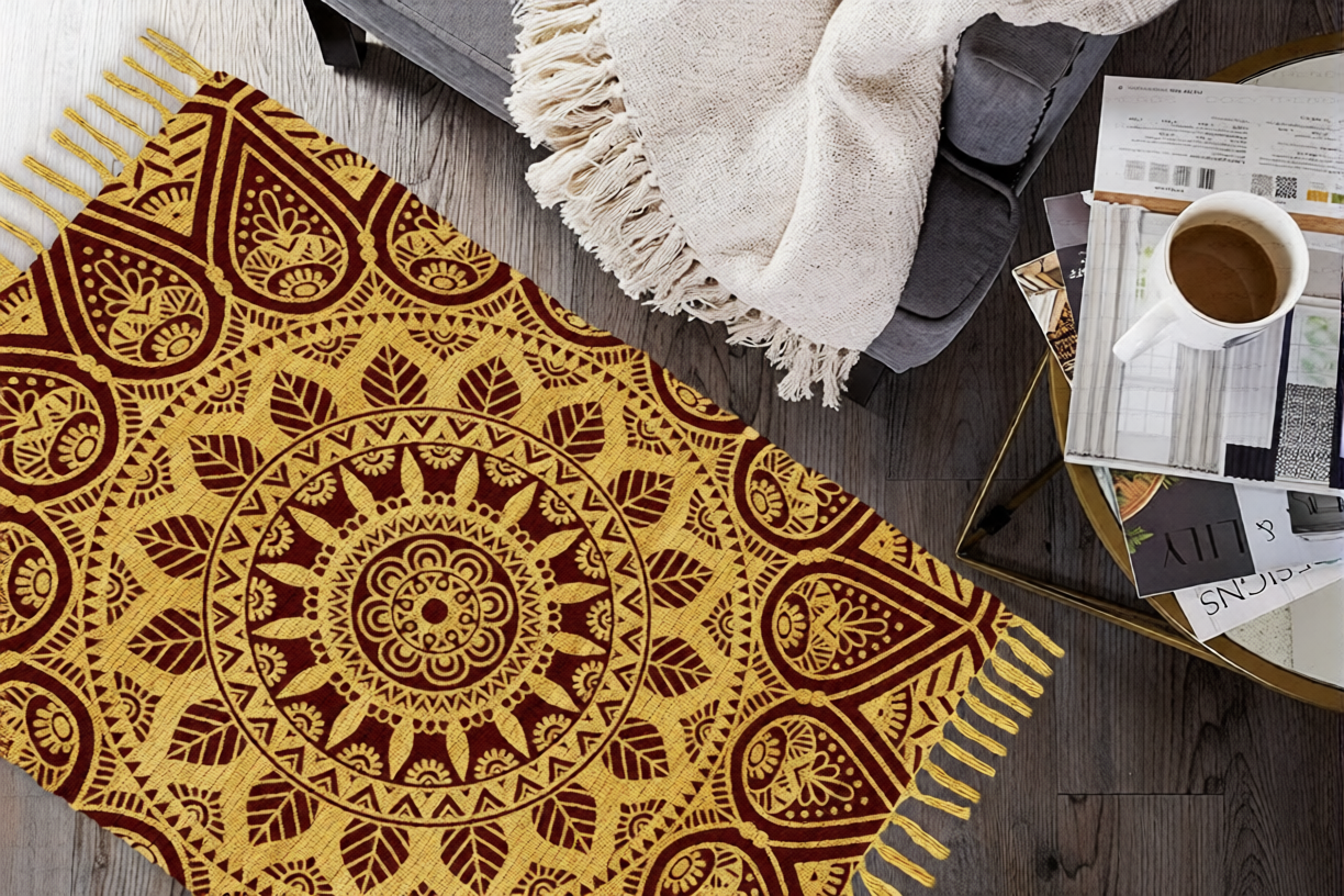 Cotton Printed Mandala Rag Rug 24''x36''- 2x3'- Multicolor Chindi Rug - Hand Woven Washable & Reversible for Living Room Kitchen Entryway Bedroom Rug Rag with Tassel