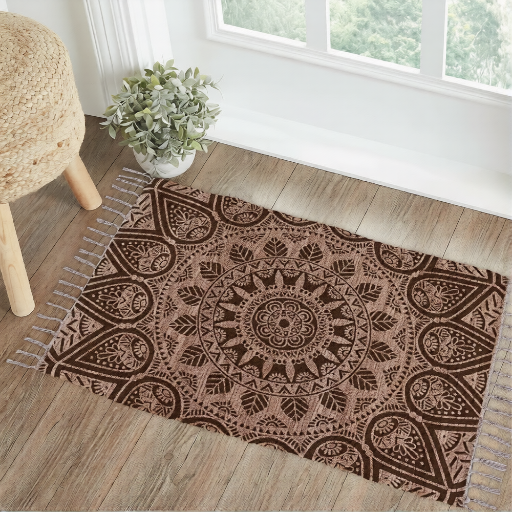 Cotton Printed Mandala Rag Rug 24''x36''- 2x3'- Multicolor Chindi Rug - Hand Woven Washable & Reversible for Living Room Kitchen Entryway Bedroom Rug Rag with Tassel