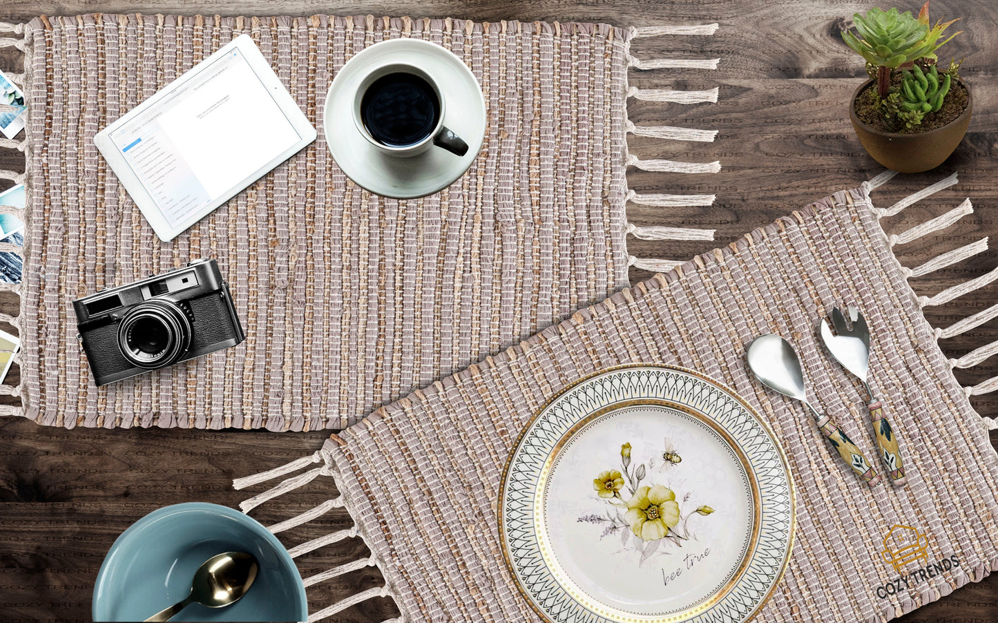 100% Cotton Placemats Farmhouse Woven Fabric for Dining Room Rectangle Set of 6 | 14''x20''| Heat Resistant | Washable | Durable with Tassel
