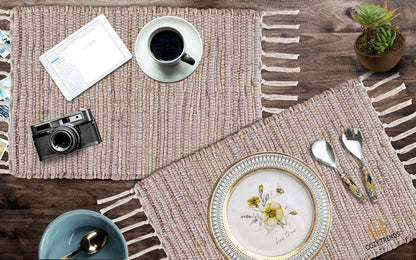 100% Cotton Placemats Farmhouse Woven Fabric for Dining Room Rectangle Set of 6 | 14''x20''| Heat Resistant | Washable | Durable with Tassel